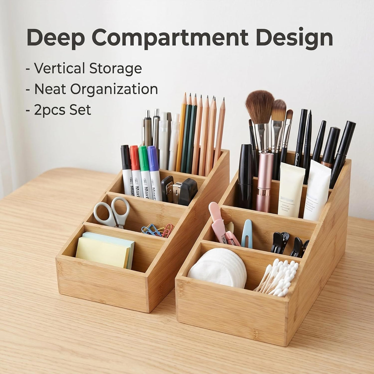 2 Pack Bamboo Small Desk Drawer Organizer