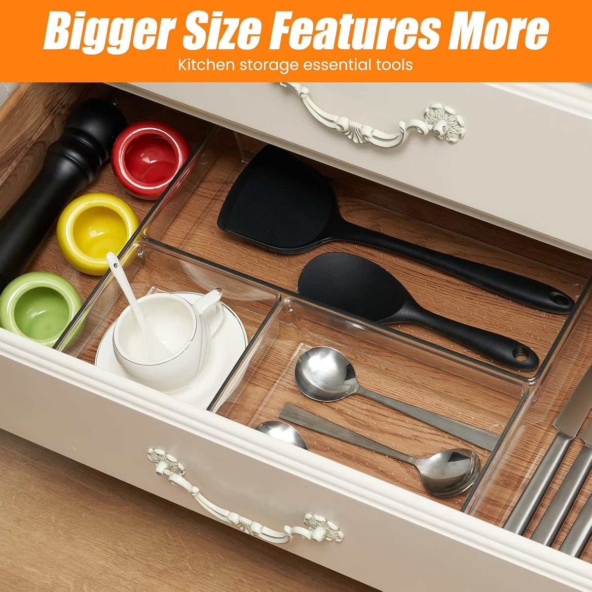 6 Pcs Large Size Clear Drawer Organizer Set, Acrylic Non Slip Non Cracking Kitchen Drawer Storage Tray Divider, Multifunctional Storage for Cosmetics, Bathroom, Tools, Kitchen and Office