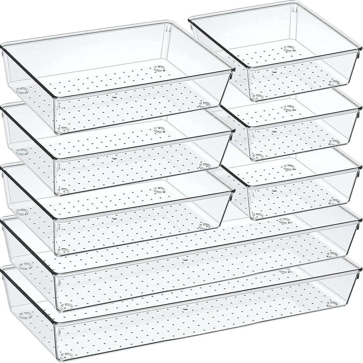 6 Pcs Large Size Clear Drawer Organizer Set, Acrylic Non Slip Non Cracking Kitchen Drawer Storage Tray Divider, Multifunctional Storage for Cosmetics, Bathroom, Tools, Kitchen and Office