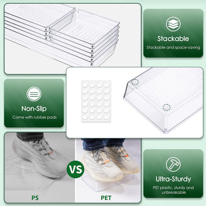 6 Pcs Large Size Clear Drawer Organizer Set, Acrylic Non Slip Non Cracking Kitchen Drawer Storage Tray Divider, Multifunctional Storage for Cosmetics, Bathroom, Tools, Kitchen and Office
