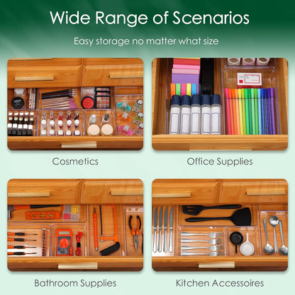 6 Pcs Large Size Clear Drawer Organizer Set, Acrylic Non Slip Non Cracking Kitchen Drawer Storage Tray Divider, Multifunctional Storage for Cosmetics, Bathroom, Tools, Kitchen and Office