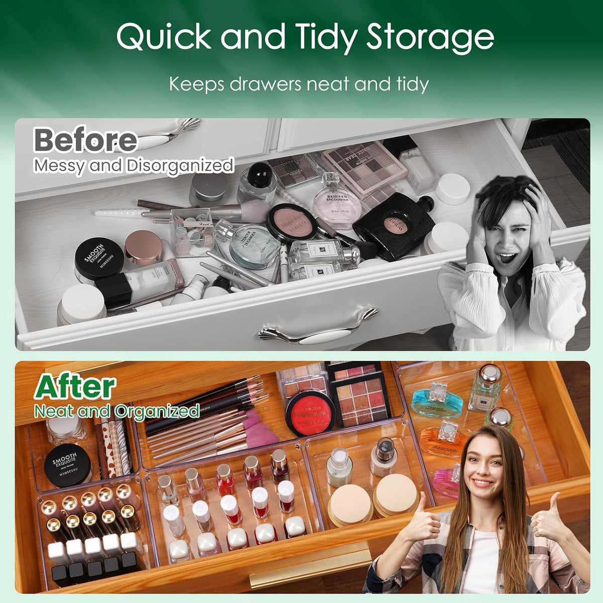 6 Pcs Large Size Clear Drawer Organizer Set, Acrylic Non Slip Non Cracking Kitchen Drawer Storage Tray Divider, Multifunctional Storage for Cosmetics, Bathroom, Tools, Kitchen and Office