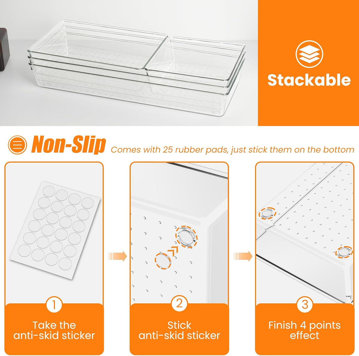 6 Pcs Large Size Clear Drawer Organizer Set, Acrylic Non Slip Non Cracking Kitchen Drawer Storage Tray Divider, Multifunctional Storage for Cosmetics, Bathroom, Tools, Kitchen and Office