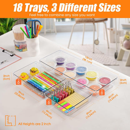 6 Pcs Large Size Clear Drawer Organizer Set, Acrylic Non Slip Non Cracking Kitchen Drawer Storage Tray Divider, Multifunctional Storage for Cosmetics, Bathroom, Tools, Kitchen and Office