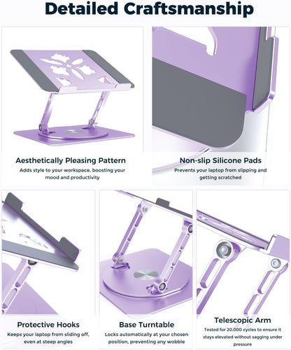 360° Rotating Laptop Stand for Desk | Adjustable, Foldable, Portable Aluminum Ergonomic Riser | Compatible with MacBook, Dell, HP & All Laptops 10-16 inch | Purple