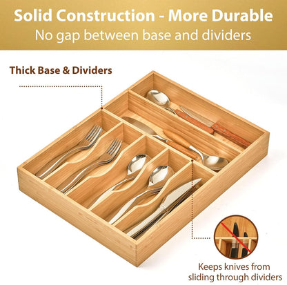 Bamboo Kitchen Drawer Organizer, 13 Inch Silverware Utensil Tray Holder, Extra Deep Grooved Drawer Divider, 7 Slots Total Bamboo Wood Caddy for Flatware Cutlery Knives, Forks, Spoons