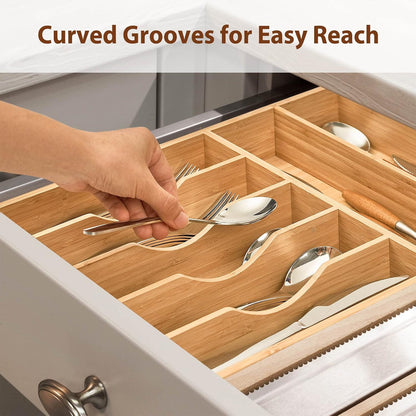Bamboo Kitchen Drawer Organizer, 13 Inch Silverware Utensil Tray Holder, Extra Deep Grooved Drawer Divider, 7 Slots Total Bamboo Wood Caddy for Flatware Cutlery Knives, Forks, Spoons