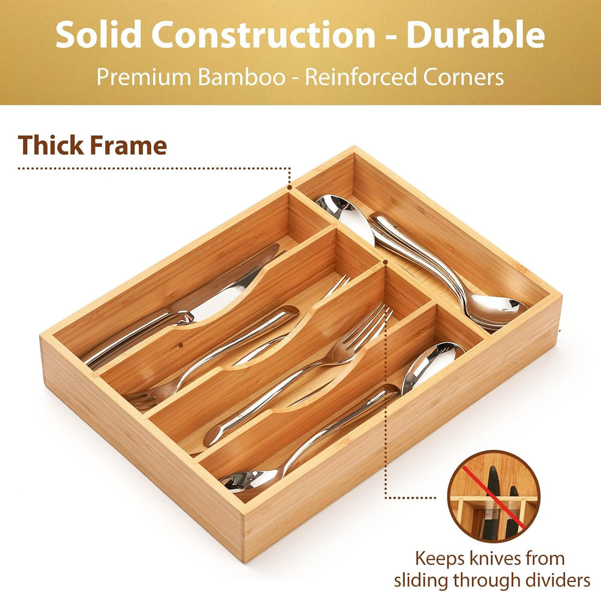 Bamboo Kitchen Drawer Organizer, 13 Inch Silverware Utensil Tray Holder, Extra Deep Grooved Drawer Divider, 7 Slots Total Bamboo Wood Caddy for Flatware Cutlery Knives, Forks, Spoons