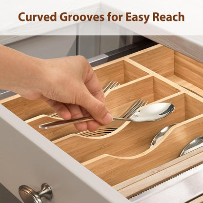 Bamboo Kitchen Drawer Organizer, 13 Inch Silverware Utensil Tray Holder, Extra Deep Grooved Drawer Divider, 7 Slots Total Bamboo Wood Caddy for Flatware Cutlery Knives, Forks, Spoons