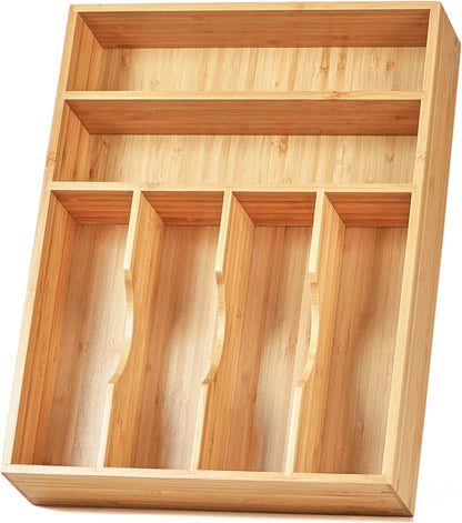 Bamboo Kitchen Drawer Organizer, 13 Inch Silverware Utensil Tray Holder, Extra Deep Grooved Drawer Divider, 7 Slots Total Bamboo Wood Caddy for Flatware Cutlery Knives, Forks, Spoons