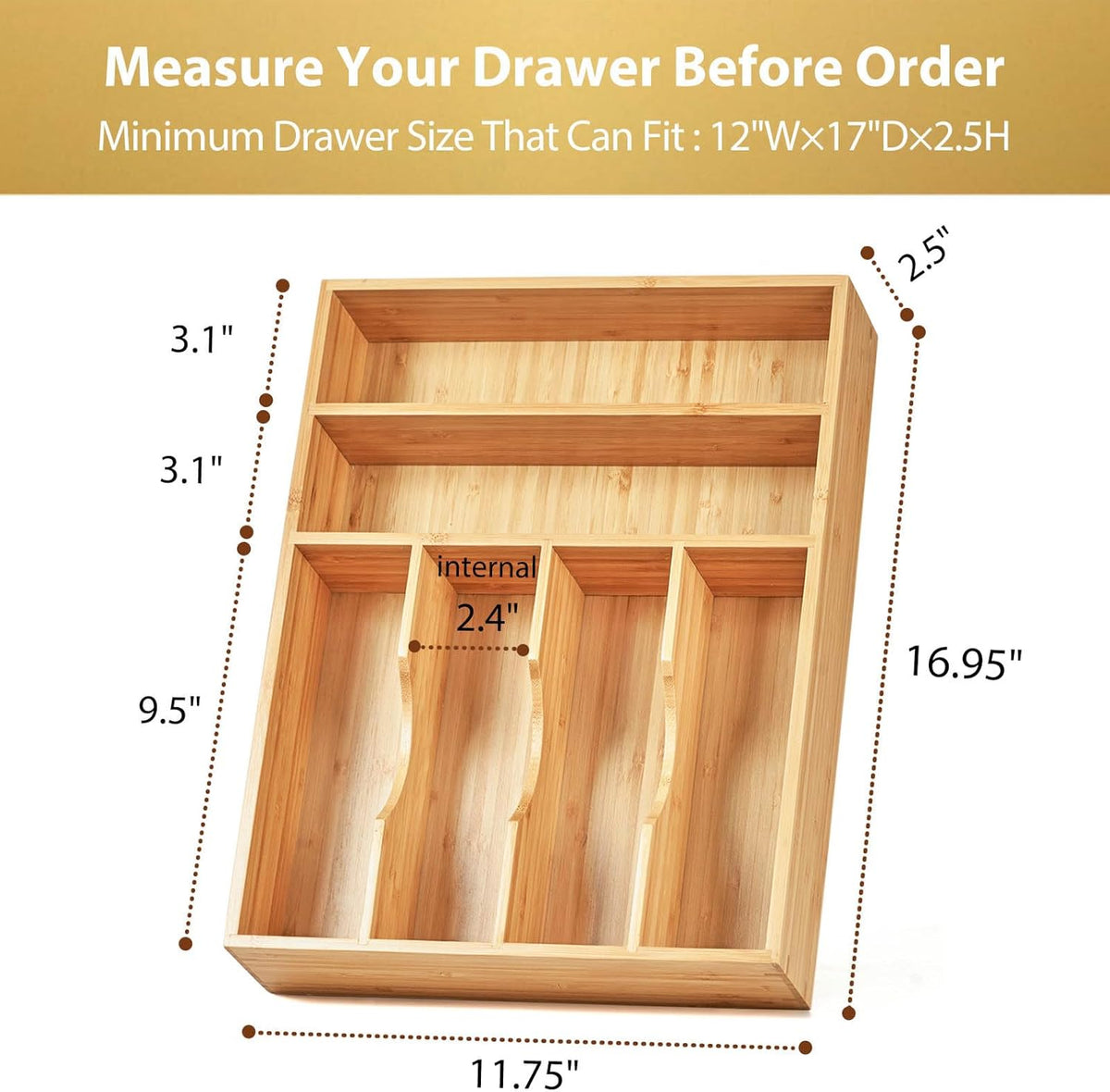 Bamboo Kitchen Drawer Organizer, 13 Inch Silverware Utensil Tray Holder, Extra Deep Grooved Drawer Divider, 7 Slots Total Bamboo Wood Caddy for Flatware Cutlery Knives, Forks, Spoons