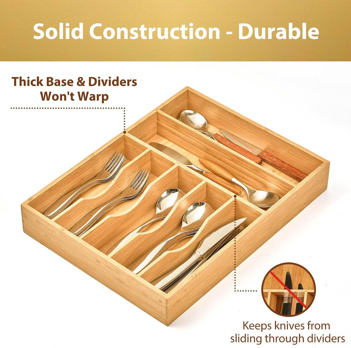 Bamboo Kitchen Drawer Organizer, 13 Inch Silverware Utensil Tray Holder, Extra Deep Grooved Drawer Divider, 7 Slots Total Bamboo Wood Caddy for Flatware Cutlery Knives, Forks, Spoons