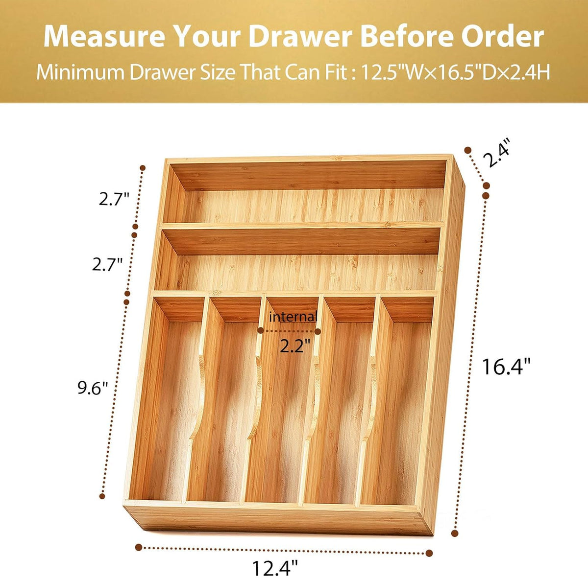 Bamboo Kitchen Drawer Organizer, 13 Inch Silverware Utensil Tray Holder, Extra Deep Grooved Drawer Divider, 7 Slots Total Bamboo Wood Caddy for Flatware Cutlery Knives, Forks, Spoons