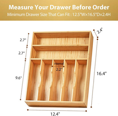 Bamboo Kitchen Drawer Organizer, 13 Inch Silverware Utensil Tray Holder, Extra Deep Grooved Drawer Divider, 7 Slots Total Bamboo Wood Caddy for Flatware Cutlery Knives, Forks, Spoons