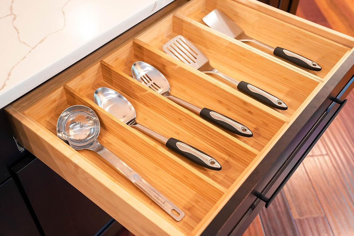 Bamboo Kitchen Drawer Organizer, 13 Inch Silverware Utensil Tray Holder, Extra Deep Grooved Drawer Divider, 7 Slots Total Bamboo Wood Caddy for Flatware Cutlery Knives, Forks, Spoons