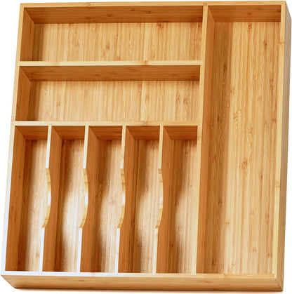 Bamboo Kitchen Drawer Organizer, 13 Inch Silverware Utensil Tray Holder, Extra Deep Grooved Drawer Divider, 7 Slots Total Bamboo Wood Caddy for Flatware Cutlery Knives, Forks, Spoons