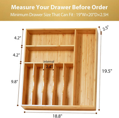 Bamboo Kitchen Drawer Organizer, 13 Inch Silverware Utensil Tray Holder, Extra Deep Grooved Drawer Divider, 7 Slots Total Bamboo Wood Caddy for Flatware Cutlery Knives, Forks, Spoons