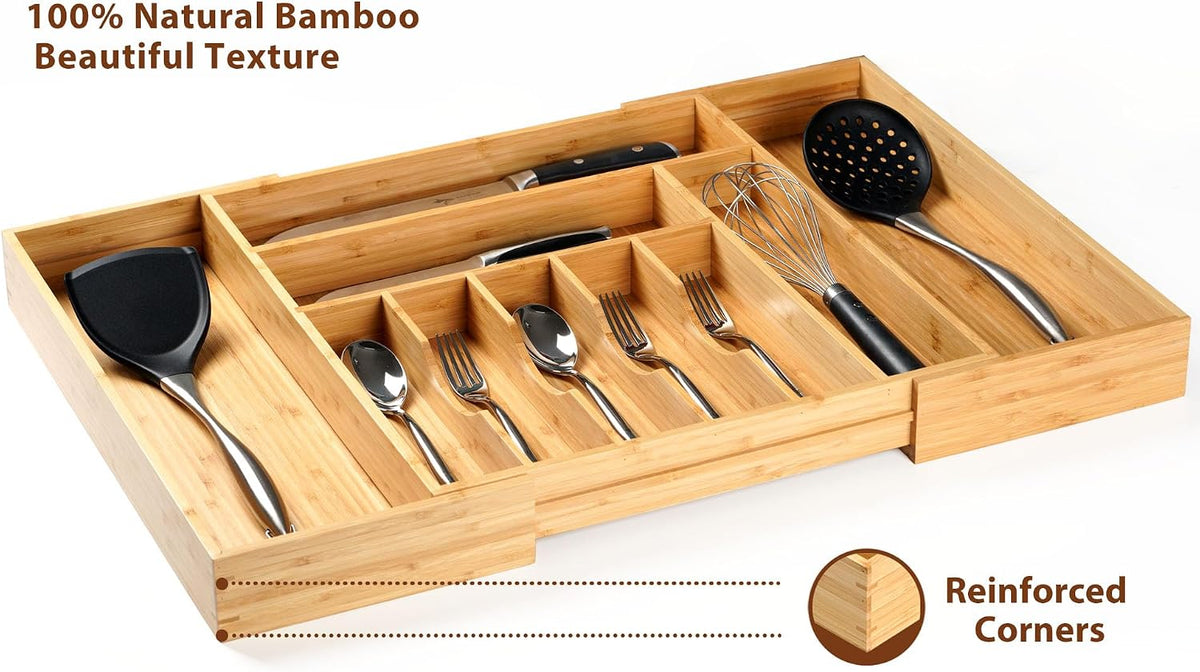 Bamboo Kitchen Drawer Organizer, 13 Inch Silverware Utensil Tray Holder, Extra Deep Grooved Drawer Divider, 7 Slots Total Bamboo Wood Caddy for Flatware Cutlery Knives, Forks, Spoons