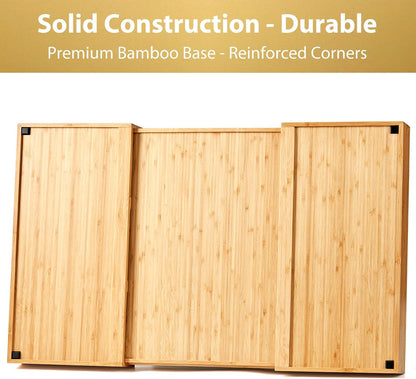 Bamboo Kitchen Drawer Organizer, 13 Inch Silverware Utensil Tray Holder, Extra Deep Grooved Drawer Divider, 7 Slots Total Bamboo Wood Caddy for Flatware Cutlery Knives, Forks, Spoons