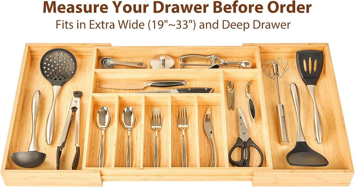 Bamboo Kitchen Drawer Organizer, 13 Inch Silverware Utensil Tray Holder, Extra Deep Grooved Drawer Divider, 7 Slots Total Bamboo Wood Caddy for Flatware Cutlery Knives, Forks, Spoons