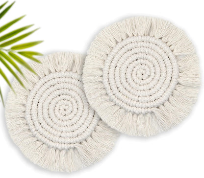 Boho Coasters for Drinks, Handmade Coasters 7.4in, 2p Beige