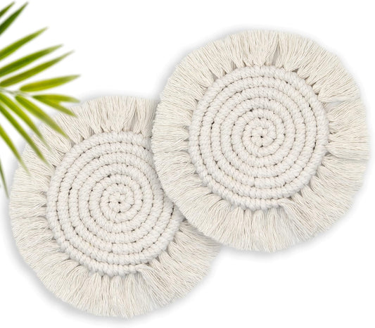 Boho Coasters for Drinks, Handmade Coasters 7.4in, 2p Beige