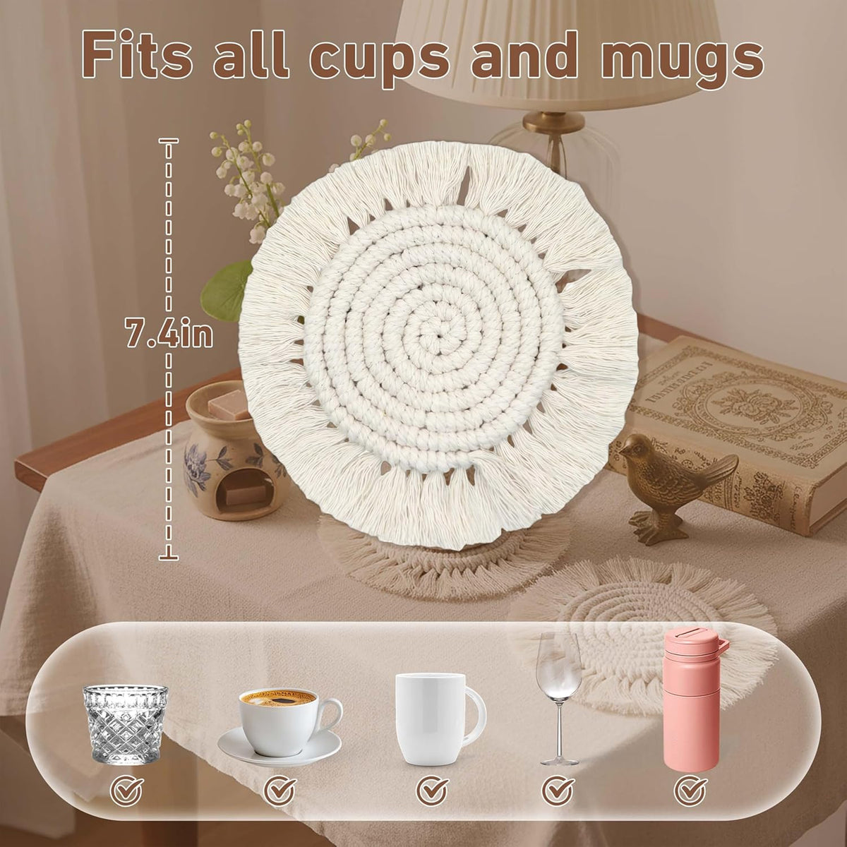 Boho Coasters for Drinks, Handmade Coasters 7.4in, 2p Beige