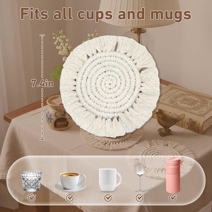 Boho Coasters for Drinks, Handmade Coasters 7.4in, 2p Beige