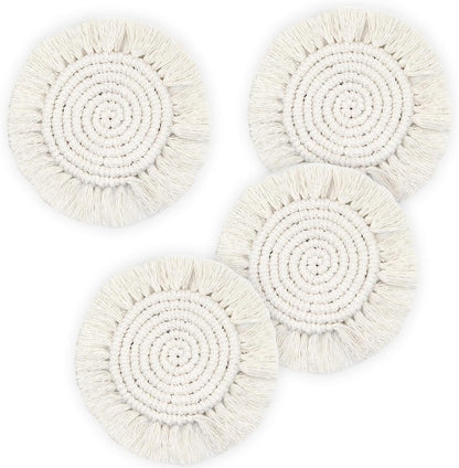 Boho Coasters for Drinks, Handmade Coasters 7.4in, 2p Beige