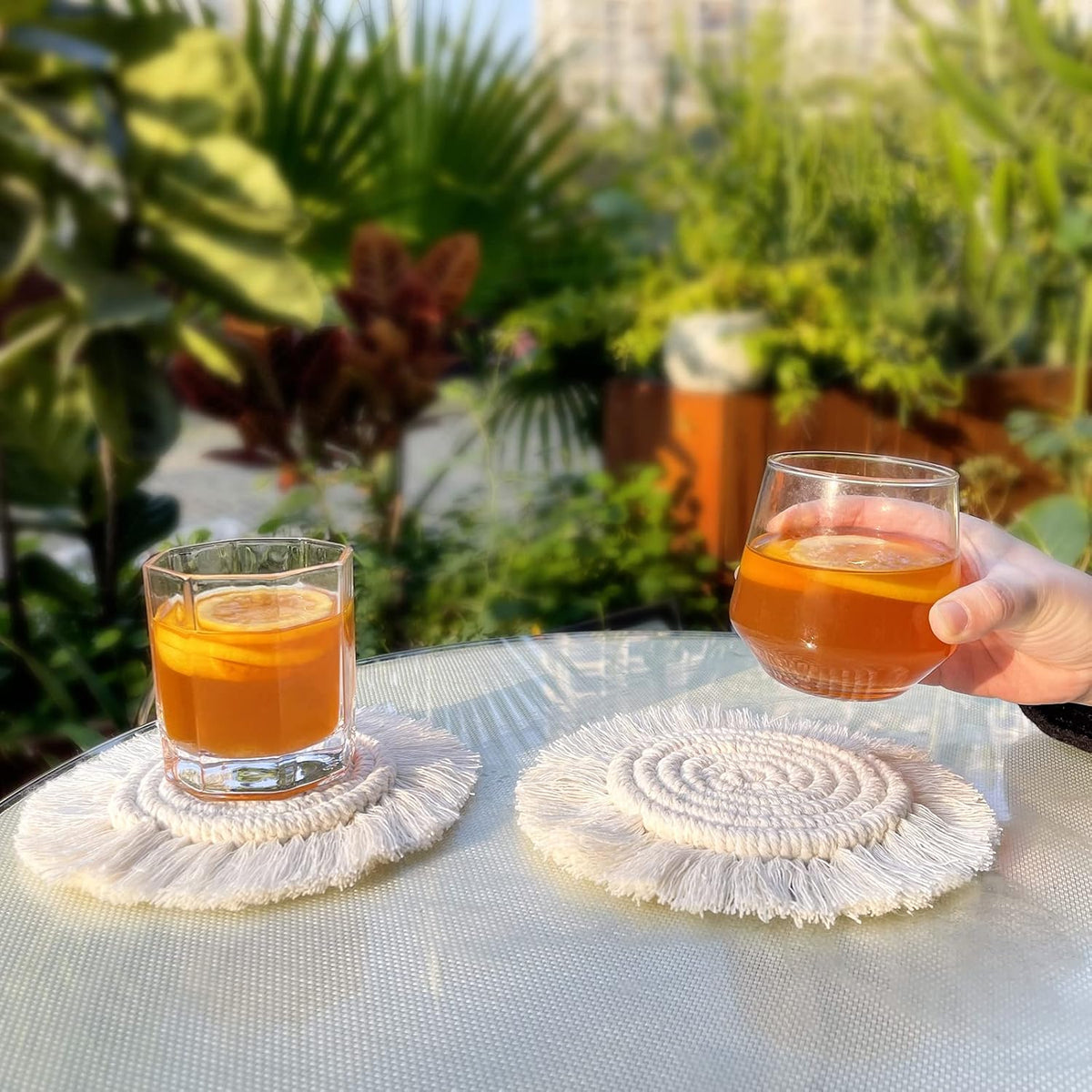 Boho Coasters for Drinks, Handmade Coasters 7.4in, 2p Beige