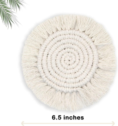 Boho Coasters for Drinks, Handmade Coasters 7.4in, 2p Beige