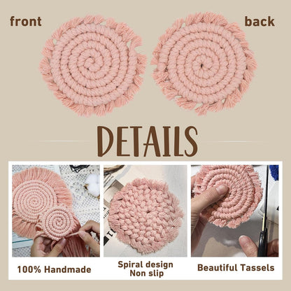 Boho Coasters for Drinks, Handmade Coasters 7.4in, 2p Beige