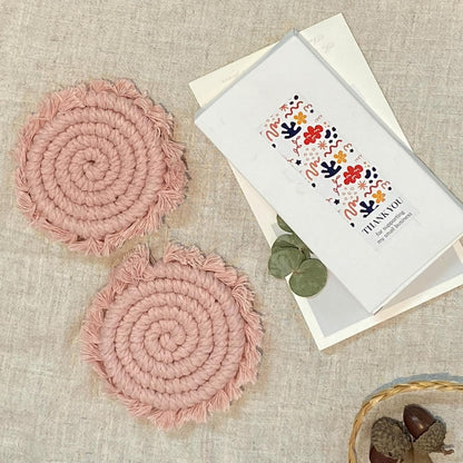 Boho Coasters for Drinks, Handmade Coasters 7.4in, 2p Beige
