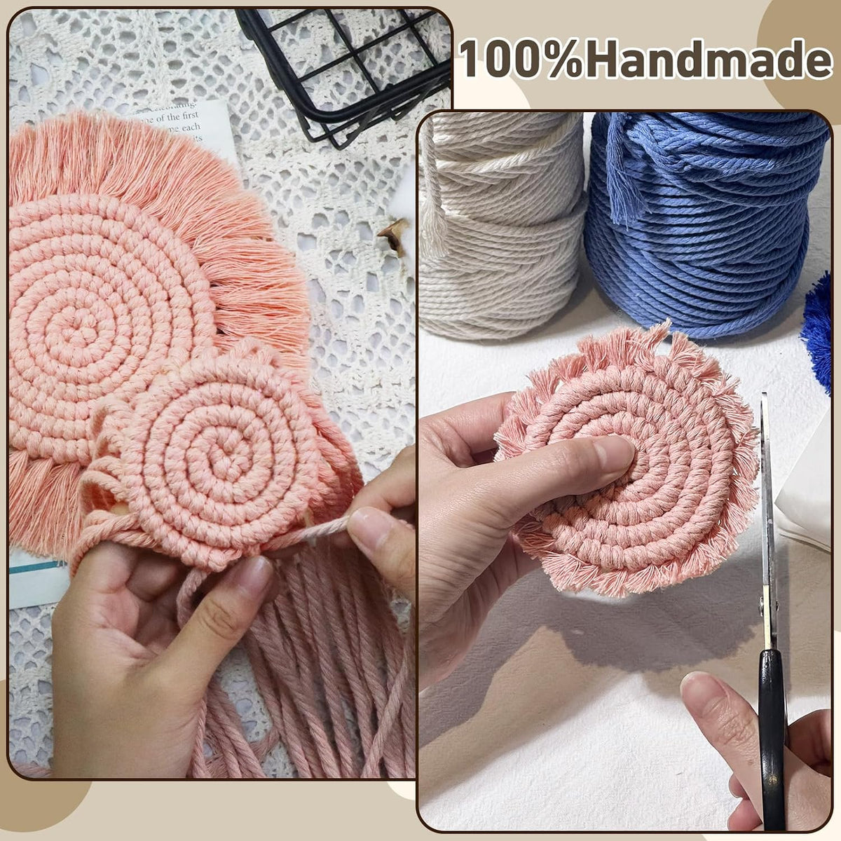 Boho Coasters for Drinks, Handmade Coasters 7.4in, 2p Beige