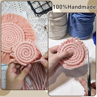 Boho Coasters for Drinks, Handmade Coasters 7.4in, 2p Beige