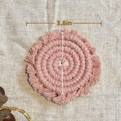 Boho Coasters for Drinks, Handmade Coasters 7.4in, 2p Beige