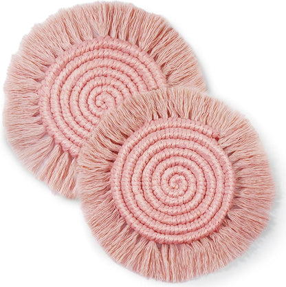 Boho Coasters for Drinks, Handmade Coasters 7.4in, 2p Beige