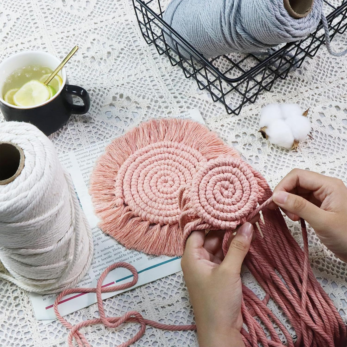 Boho Coasters for Drinks, Handmade Coasters 7.4in, 2p Beige