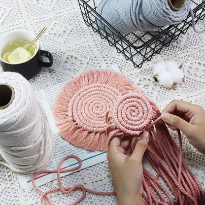 Boho Coasters for Drinks, Handmade Coasters 7.4in, 2p Beige