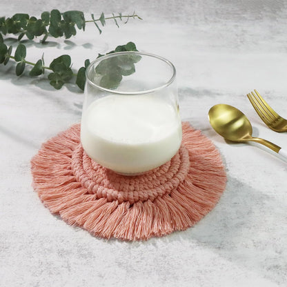 Boho Coasters for Drinks, Handmade Coasters 7.4in, 2p Beige
