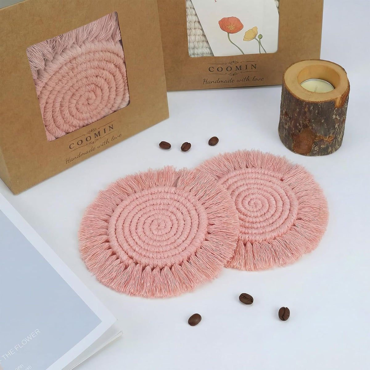 Boho Coasters for Drinks, Handmade Coasters 7.4in, 2p Beige