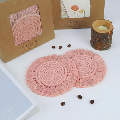Boho Coasters for Drinks, Handmade Coasters 7.4in, 2p Beige