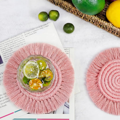 Boho Coasters for Drinks, Handmade Coasters 7.4in, 2p Beige