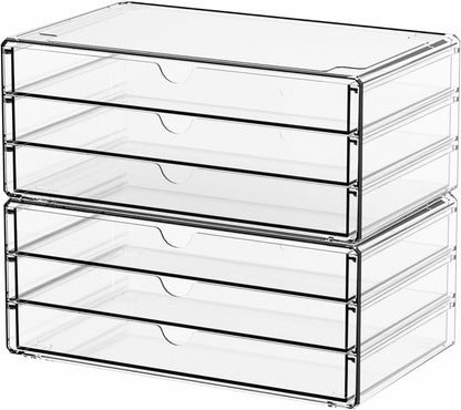2 Pack Acrylic Storage Drawers With 6 Drawers,Stackable Desk Organizer and Makeup Organizer,Large Clear Office Supplies Organizer for Pen,Stationary,Palettes,Arts Craft Organizers and Storage
