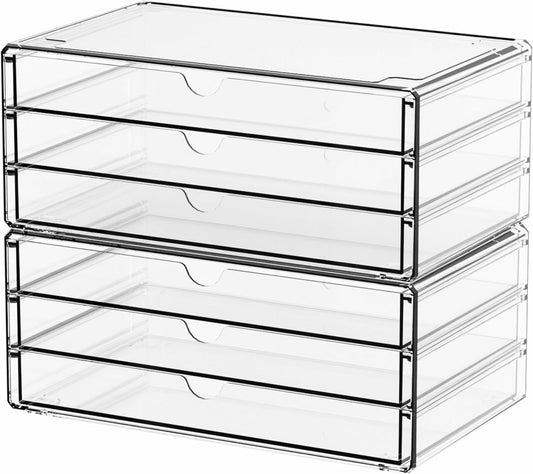 2 Pack Acrylic Storage Drawers With 6 Drawers,Stackable Desk Organizer and Makeup Organizer,Large Clear Office Supplies Organizer for Pen,Stationary,Palettes,Arts Craft Organizers and Storage