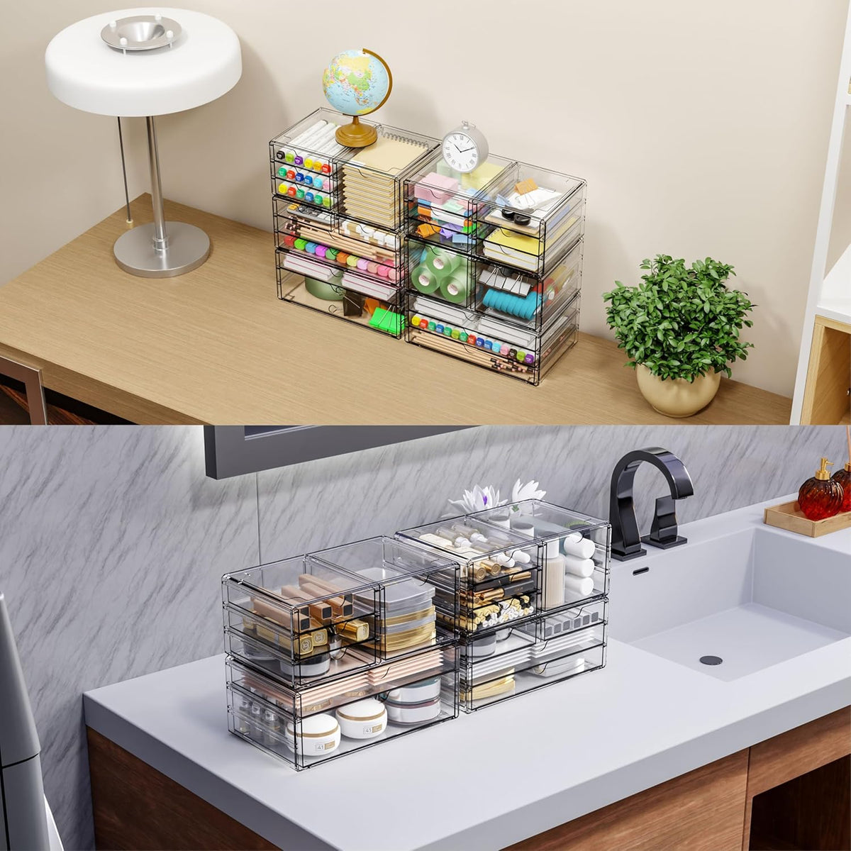 2 Pack Acrylic Storage Drawers With 6 Drawers,Stackable Desk Organizer and Makeup Organizer,Large Clear Office Supplies Organizer for Pen,Stationary,Palettes,Arts Craft Organizers and Storage