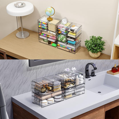 2 Pack Acrylic Storage Drawers With 6 Drawers,Stackable Desk Organizer and Makeup Organizer,Large Clear Office Supplies Organizer for Pen,Stationary,Palettes,Arts Craft Organizers and Storage