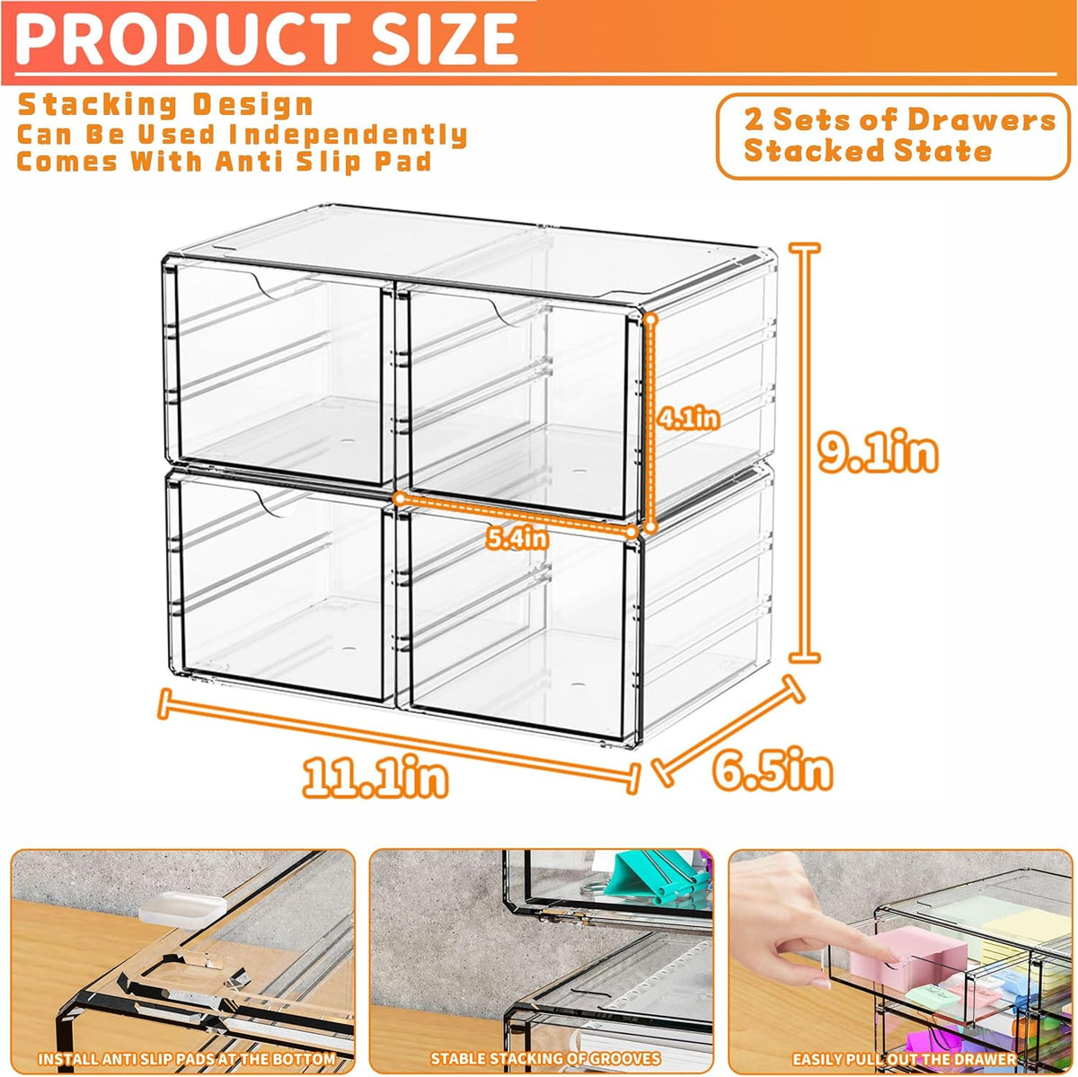 2 Pack Acrylic Storage Drawers With 6 Drawers,Stackable Desk Organizer and Makeup Organizer,Large Clear Office Supplies Organizer for Pen,Stationary,Palettes,Arts Craft Organizers and Storage