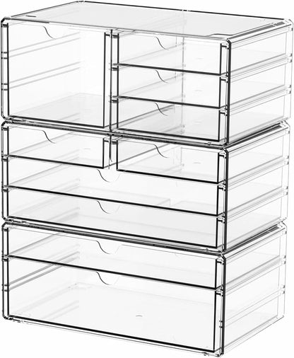 2 Pack Acrylic Storage Drawers With 6 Drawers,Stackable Desk Organizer and Makeup Organizer,Large Clear Office Supplies Organizer for Pen,Stationary,Palettes,Arts Craft Organizers and Storage