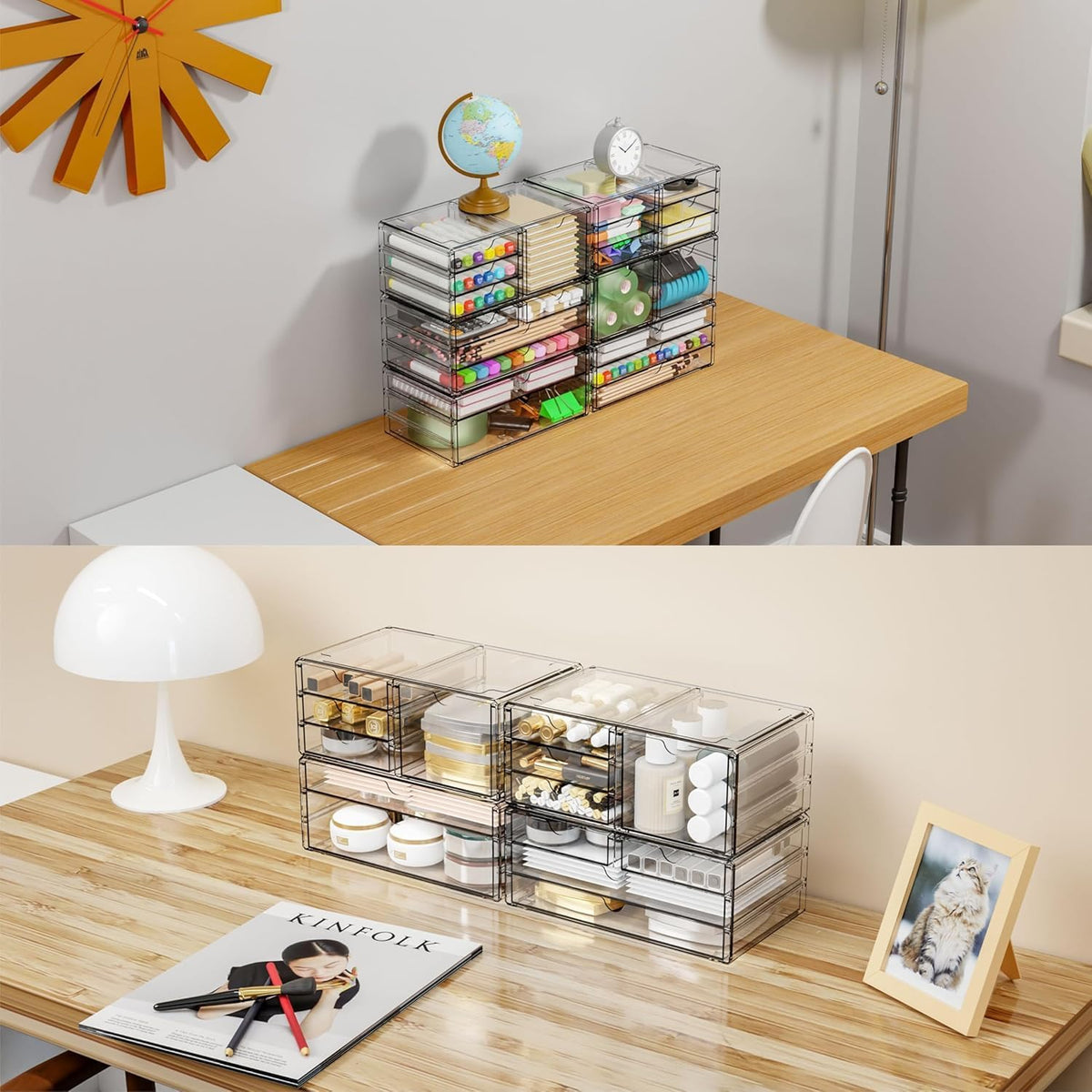 2 Pack Acrylic Storage Drawers With 6 Drawers,Stackable Desk Organizer and Makeup Organizer,Large Clear Office Supplies Organizer for Pen,Stationary,Palettes,Arts Craft Organizers and Storage